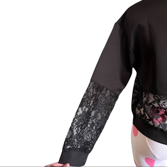 Sheer Lace Panel Silky Puff Sleeve Blouse Black Small Pomelo. - Picture 4 of 9